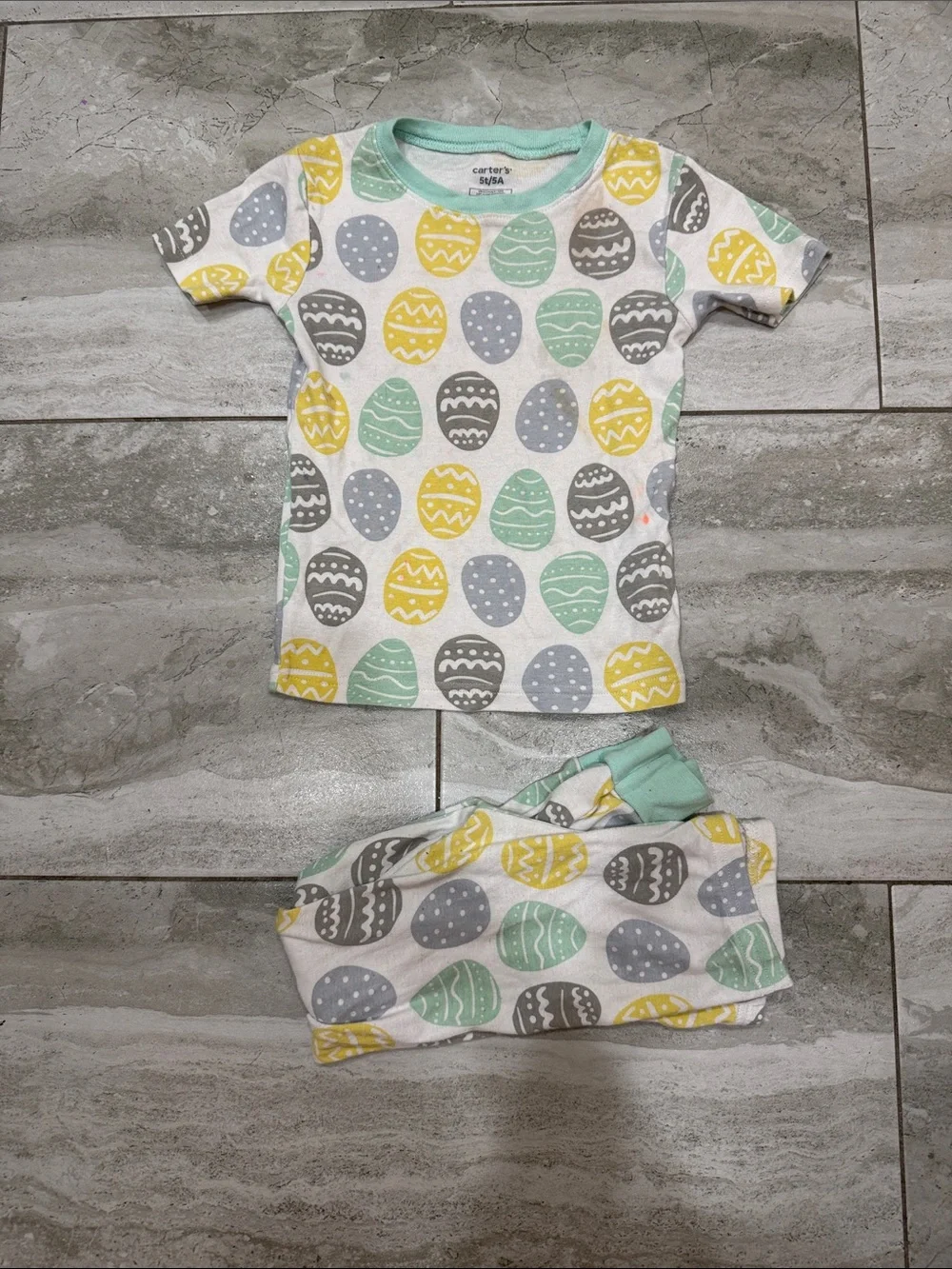Carter's White Short-Sleeve Pajama Set with Mint, Yellow & Gray Egg Print
